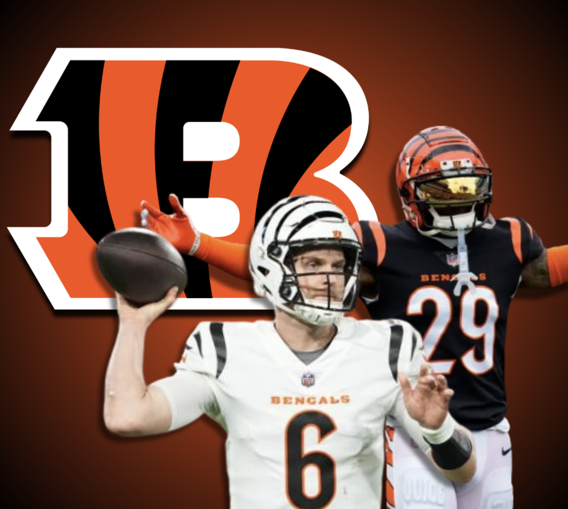 Quarterback+Jake+Browning+and+cornerback+Cam+Taylor-Britt+in+front+of+the+Bengals+logo.%0A